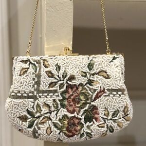 Beaded Floral Evening Clutch in White and Olive